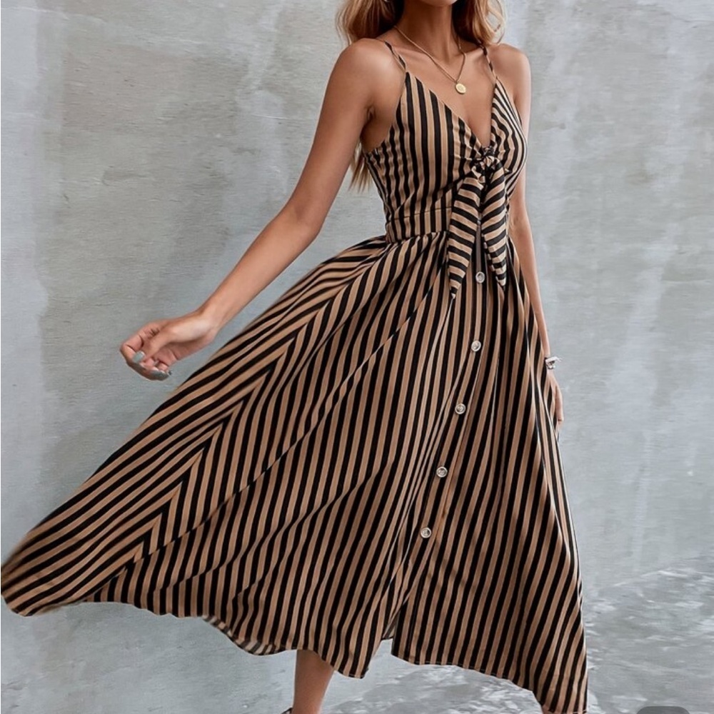 SHEIN Black and Brown Striped Top with Bow
